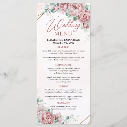 Blush peonies eucalyptus faux Gold lijst menu (Voorkant)