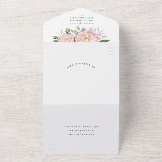 Blush Peonies Hydrangea Eucalyptus Wedding All In One Uitnodiging (Buitenkant)