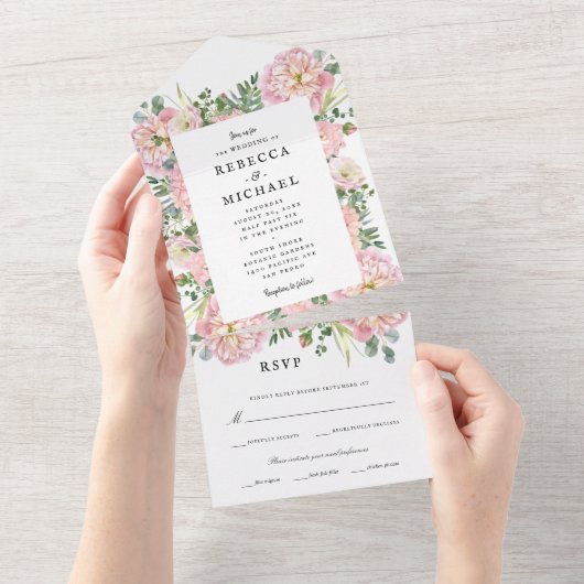 Blush Peonies Hydrangea Eucalyptus Wedding All In One Uitnodiging (Afscheurbaar)