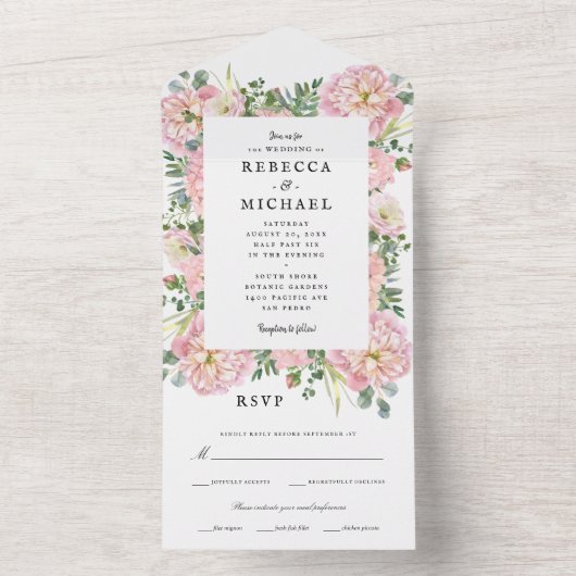 Blush Peonies Hydrangea Eucalyptus Wedding All In One Uitnodiging (Binnen)