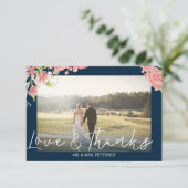 Blush peonies white navy bruiloft foto bedankt (Staand voorkant)