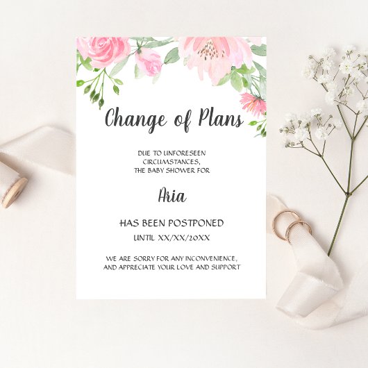 Blush Peony Change of Plans Shower Announance Kaart