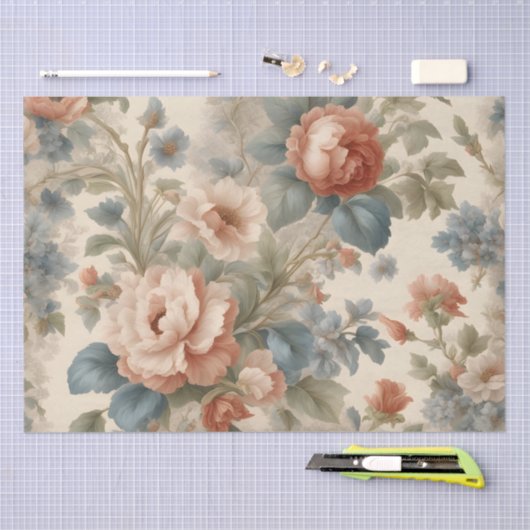 Blush Peony Collage met Blauwe Bloemen Tissuepapier (Craft)