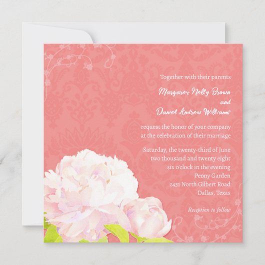 Blush Peony & Coral Damask Wedding Kaart (Voorkant)