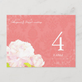 Blush Peony Coral Wedding Table Number Briefkaart