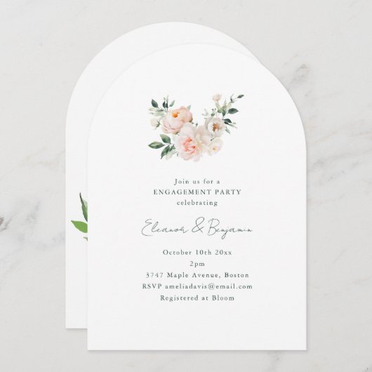 Blush Peony Floral Arch Minimal Engagement Party Kaart (Voorkant / Achterkant)