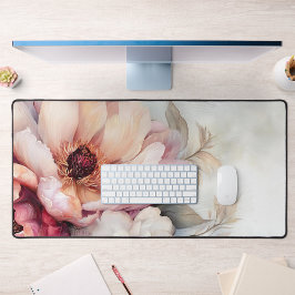 Blush Peony Floral Desk Mat | Soft Pastel Art