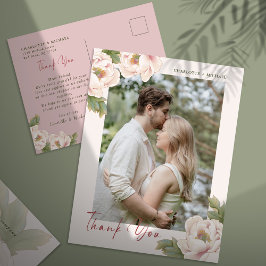 Blush Peony Floral Foto Weddenschap Bedankt Postca Briefkaart
