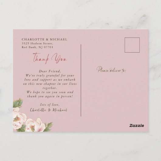 Blush Peony Floral Foto Weddenschap Bedankt Postca Briefkaart (Achterkant)