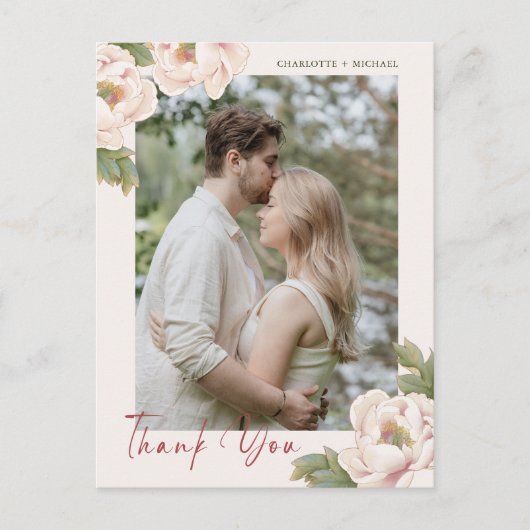 Blush Peony Floral Foto Weddenschap Bedankt Postca Briefkaart (Voorkant)
