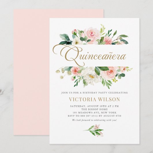 Blush Peony Floral Lijst Quinceañera Kaart (Voorkant / Achterkant)