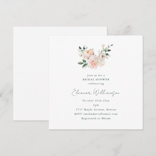 Blush Peony Floral Square Minimalist Bridal Shower Kaart (Voorkant / Achterkant)