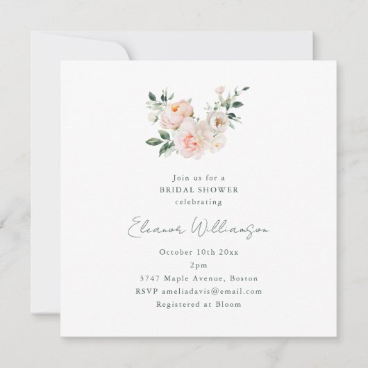 Blush Peony Floral Square Minimalist Bridal Shower Kaart (Voorkant)