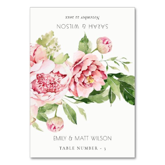 Blush Peony Floral Wedding Guest Name Place Cards Kaart (Voorkant)