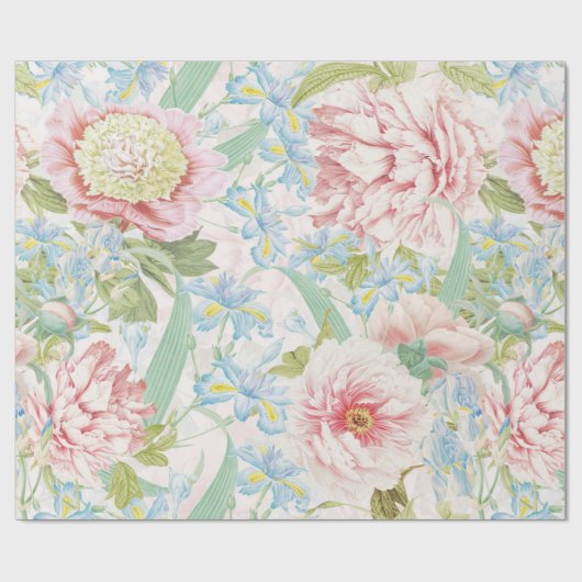  Blush Peony Flowers Blue Iris Pattern Cadeaupapier (Vlak)