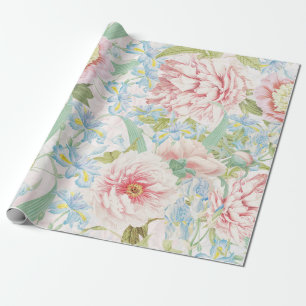  Blush Peony Flowers Blue Iris Pattern Cadeaupapier