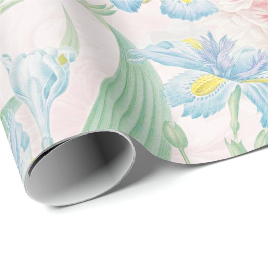  Blush Peony Flowers Blue Iris Pattern Cadeaupapier (Rol Hoek)