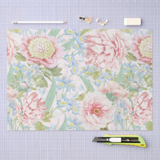 Blush Peony Flowers Blue Iris Pattern Tissuepapier (Craft)