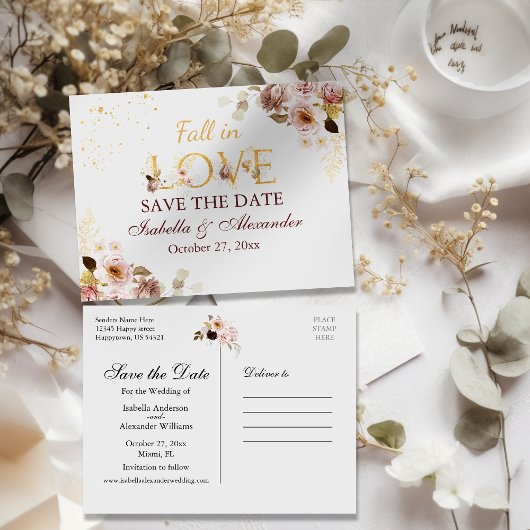 Blush Peony & Gold Bourgondië Save The Date Briefk Aankondigingskaart