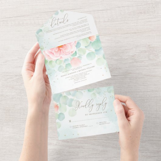 Blush Peony Greenery Eucalyptus Waterverf Wedding All In One Uitnodiging (Afscheurbaar)