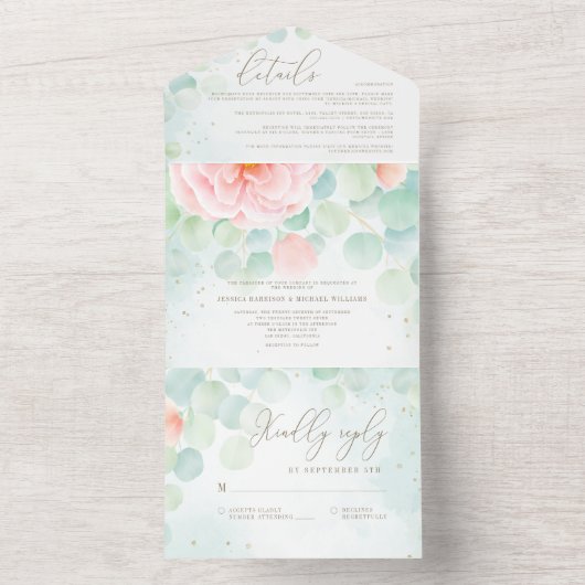 Blush Peony Greenery Eucalyptus Waterverf Wedding All In One Uitnodiging (Binnen)