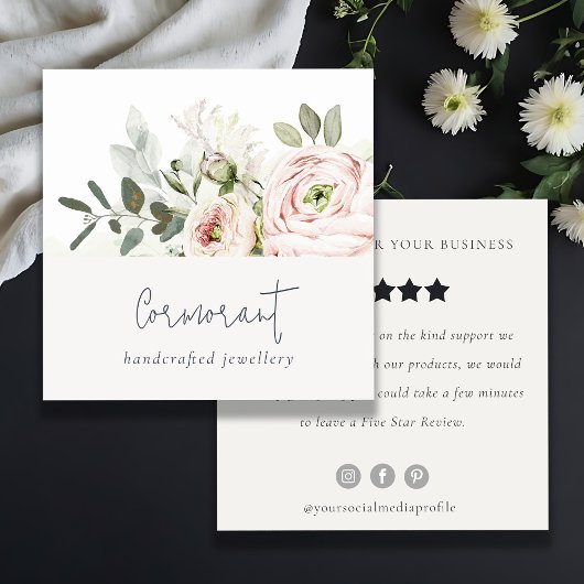 Blush Peony Leafy Botanical Floral Review Request Vierkante Visitekaartje
