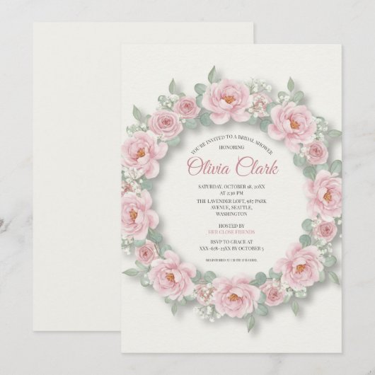 Blush Peony Roos Krans Bruids Douche Uitnodiging (Voorkant / Achterkant)