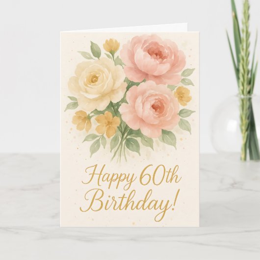 Blush Peony & Rose Happy 60th Birthday Watercolor Kaart (Voorkant)