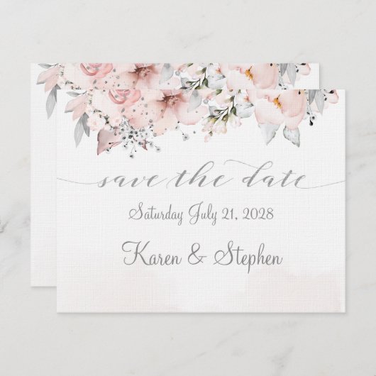 Blush Peony Silver Eucalyptus Weddenschap redt de Save The Date (Voorkant / Achterkant)