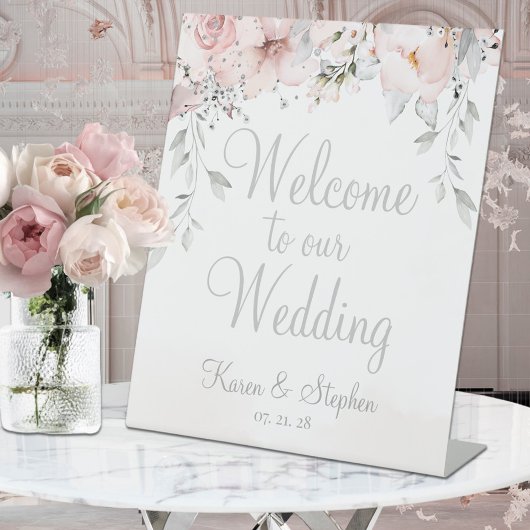 Blush Peony Silver Eucalyptus Welkom bij bruiloft Reclamebord Met Voetstuk