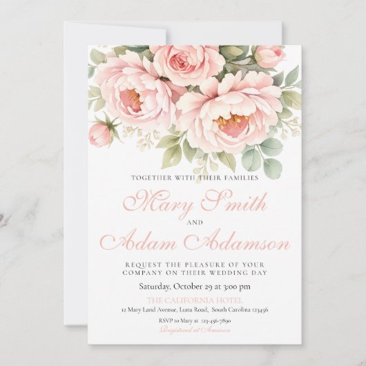 Blush Peony Watercolor Wedding Invitation Kaart (Voorkant)
