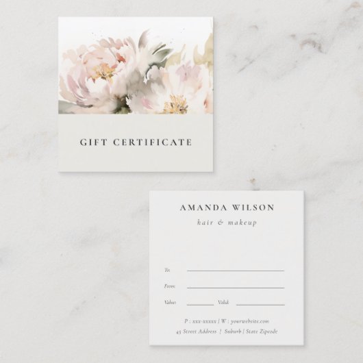 Blush Peony Waterverf Bloemen Cadeaubon Vierkante Visitekaartje (Voorkant / Achterkant)