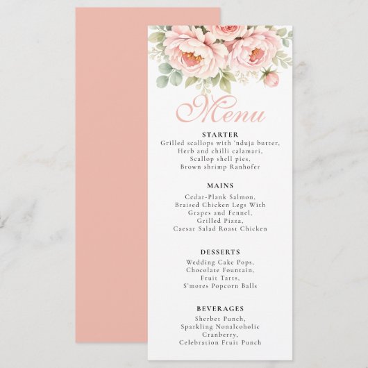 Blush Peony Wedding Menu Card (Voorkant / Achterkant)
