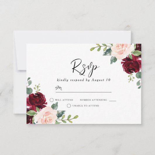 Blush Perfectie: Burgundy Blush Floral Waterverf RSVP Kaartje (Voorkant)