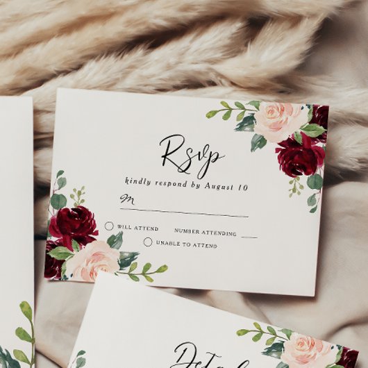 Blush Perfectie: Burgundy Blush Floral Waterverf RSVP Kaartje