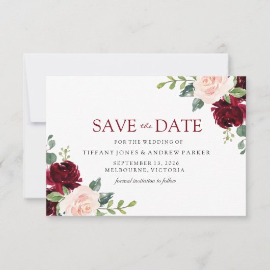 Blush Perfectie: Burgundy Blush Floral Waterverf Save The Date (Voorkant)