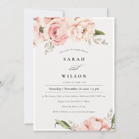 Blush Perony Floral Couples Shower Invite Bedankkaart (Voorkant)