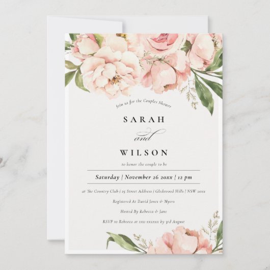 Blush Perony Floral Couples Shower Invite Bedankkaart (Voorkant)