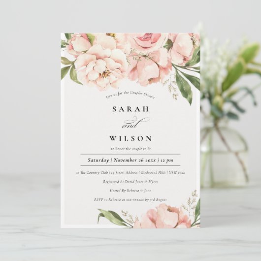 Blush Perony Floral Couples Shower Invite Bedankkaart (Staand voorkant)