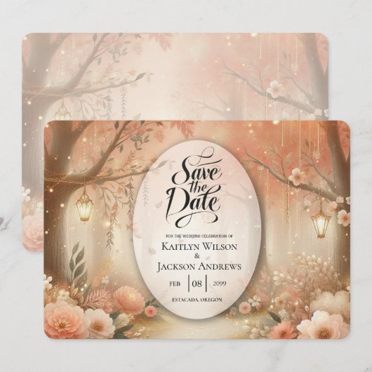 Blush Perzik Betoverde Bos Lantaarn Bruiloft Save The Date (Voorkant / Achterkant)
