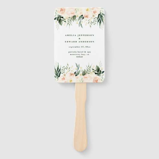 Blush, perzik bloemen + loof bruiloft handwaaier (Voorkant)