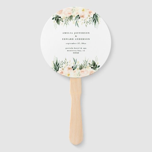 Blush, perzik bloemen + loof bruiloft handwaaier (Voorkant)
