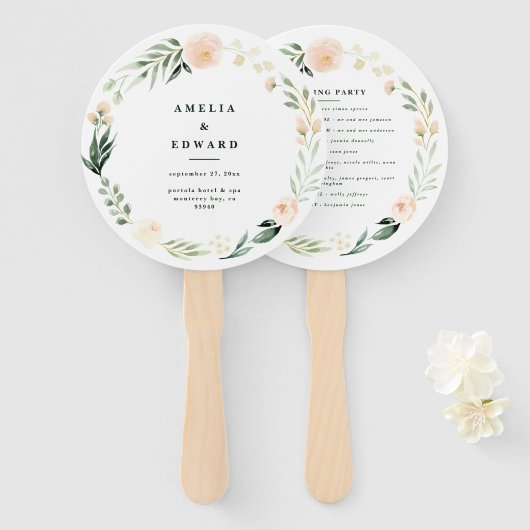 Blush, perzik bloemen + loof bruiloft handwaaier (Voorkant en achterkant)