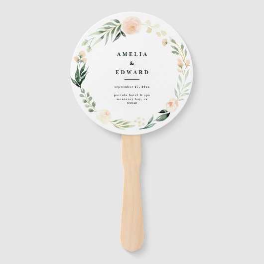Blush, perzik bloemen + loof bruiloft handwaaier (Voorkant)