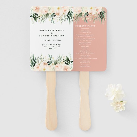 Blush, perzik bloemen + loof bruiloft handwaaier (Voorkant en achterkant)