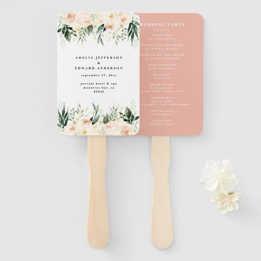 Blush, perzik bloemen + loof bruiloft handwaaier (Voorkant en achterkant)