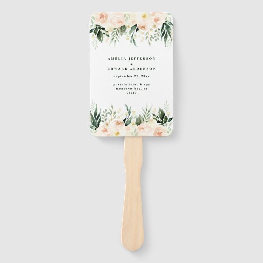 Blush, perzik bloemen + loof bruiloft handwaaier (Voorkant)
