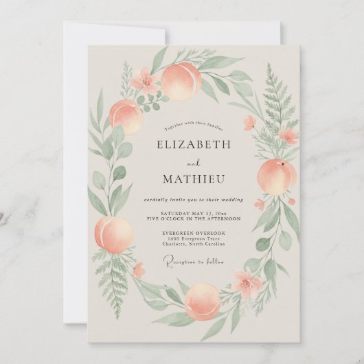 Blush Perzik Celadon Krans Bruiloft Kaart (Voorkant)