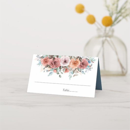 Blush Perzik en Slate Blue Etherische Bloemen Brui Plaatskaartje (Voorkant)