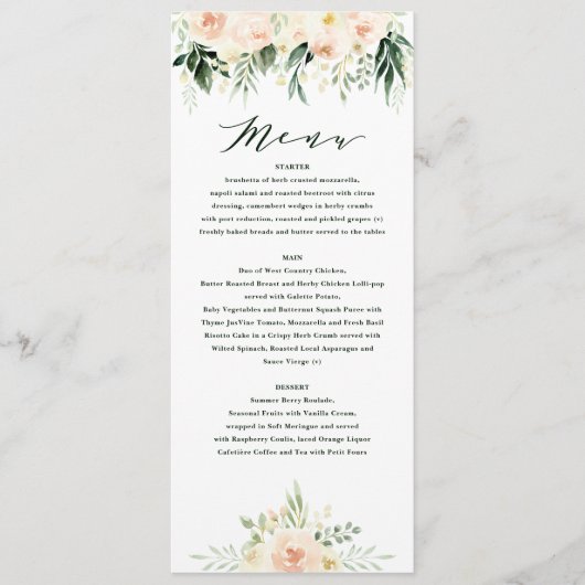 Blush perzik groen bloemen + gebladerte bruiloft m menu (Voorkant)